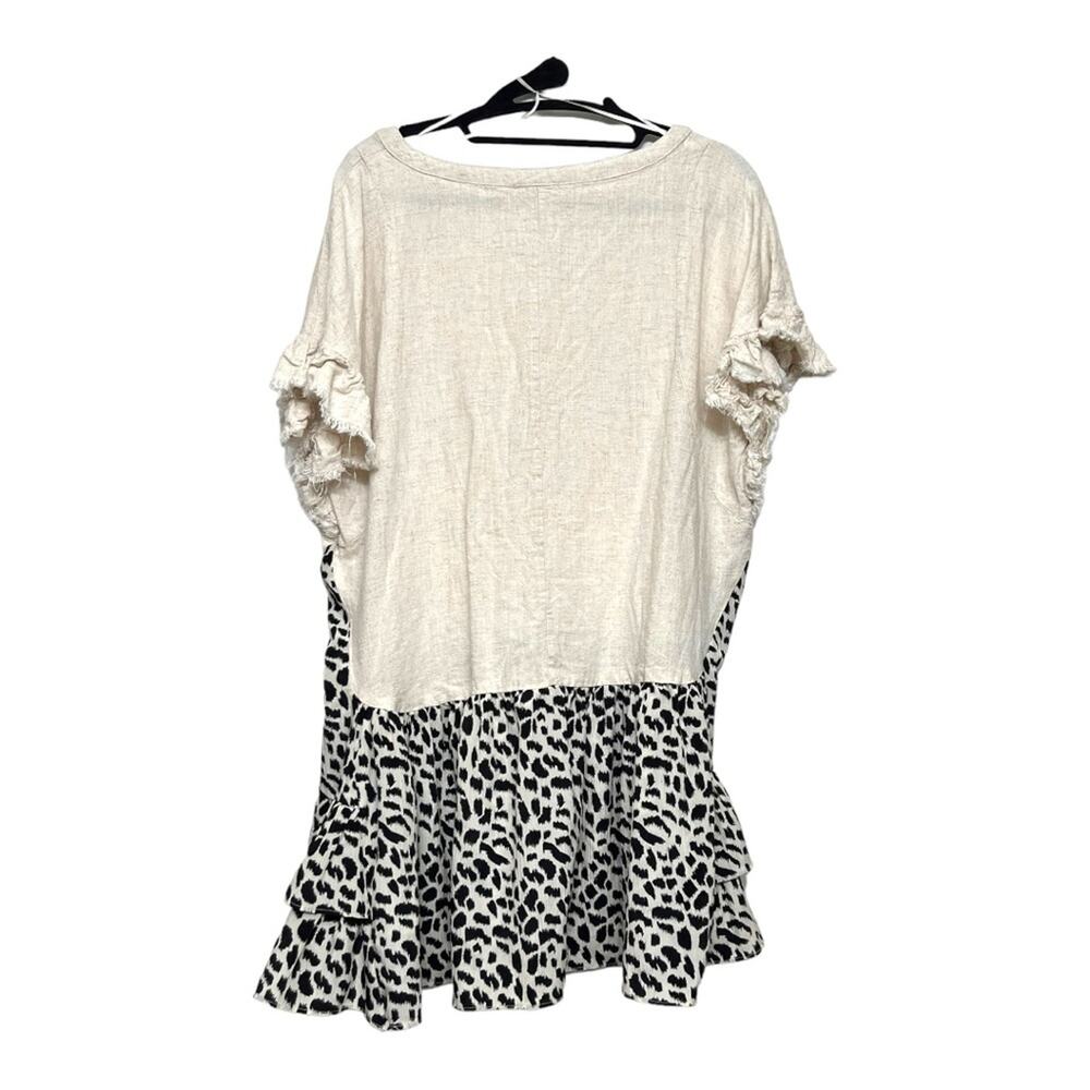 Umgee Oatmeal Boho Contrasting Leopard Print Mixed Media Linen Blend Tunic Top M - Picture 2 of 4